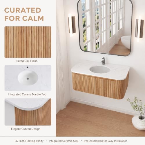 Image of 42 Inch Wall Mounted Bathroom Vanity with Ceramic Sink, Pre-Assembled Floating Vanity Cabinet with Cararra Artificial Countertop, Wave Texture Finish & Drawer, Wood