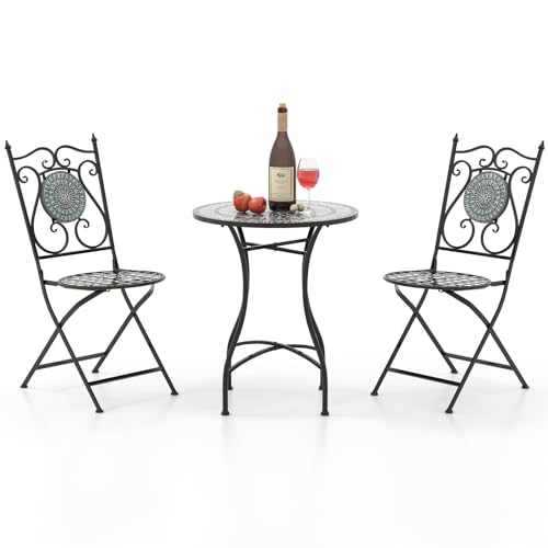 COSTWAY Bistrotisch mit 2 Stühlen, Mosaik Bistroset klappbar, 3-teiliges Balkonset, Sitzgarnitur, Gartengarnitur, Balkonmöbel, Gartenmöbel, Sitzgruppe für Garten, Terrasse, Balkon (Schwarz-Grau) COSTWAY Bistrotisch mit 2 Stühlen, Mosaik Bistroset klappbar, 3-teiliges Balkonset, Sitzgarnitur, Gartengarnitur, Balkonmöbel, Gartenmöbel, Sitzgruppe für Garten, Terrasse, Balkon (Schwarz-Grau)