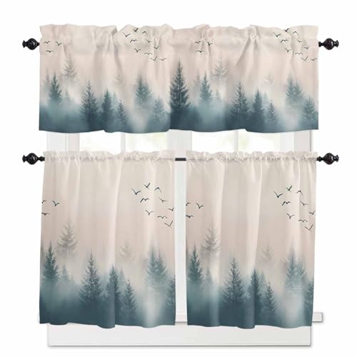 Foggy Forest Kitchen Curtains 24 Inch Length, 3 Piece Rod Pocket Small Half Tiers and Valance Set, Watercolor Pine Trees Natural Landscape Small Large Window Treatment Decor for Bedroom/Bathroom Sink