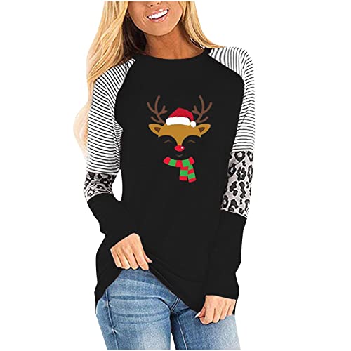 Kulywon Women Christmas Animal Print Print Casual O Neck Leopard Striped Splicing Long Sleeve Top Scoop Neck Shirt (Black, Xxl) #TOP14