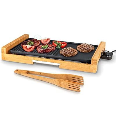 NutriChef Smokeless Indoor Electric Grill – Bamboo Tray, Non-Stick Plate, Adjustable Thermostat, Dishwasher Safe, 1800W Power