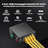 MokerLink 8-portowy przełącznik przemysłowy PoE na szynie DIN, 8 PoE+ IEEE802.3af/at, Fast Ethernet 10/100 Mbit/s, zasięg 250 m, szyna DIN i uchwyt ścienny w zestawie
