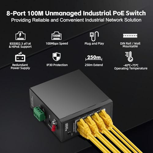 Image of MokerLink 8 Port PoE Industrial Din Rail Switch, 8 PoE+ IEEE802.3af /at, 10 /100Mbps Fast Ethernet, Extend 250M, DIN-Rail & Wall Mount Included