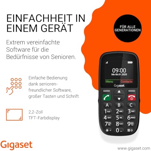 Gigaset GL395 Mobiltelefon – einfache Bedienung für Senioren, große Tasten & SOS-Notruftaste – Staub- & spritzwassergeschützt IP44 Schutzklasse – ohne Vertrag – 2,2 Zoll TFT-Farbdisplay, Schwarz