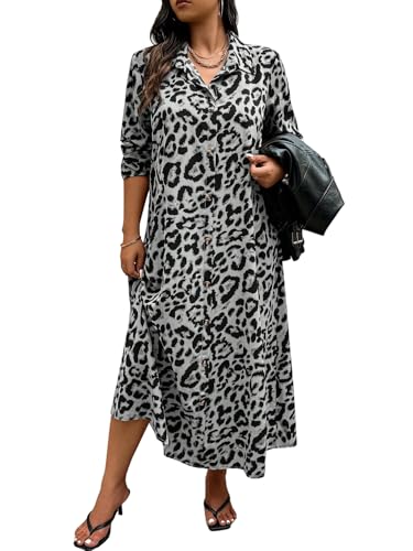 SweatyRocks Winterkleid Damen Große Größe Kleid Langarm Blusenkleid Leo Maxikleid Herbstmode Herbstkleid Mit Leo Print Damenkleider Grau 2XL