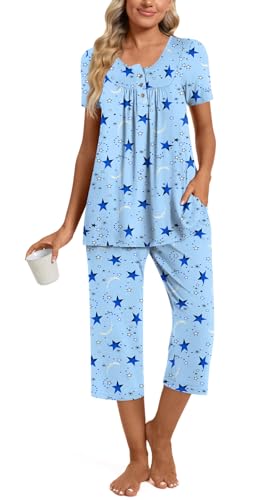 Image of Womens Summer Pajama Sets 2 Piece Short Sleeve Top and Capri Pants Plus Size Ladies Lounge Pjs Sets with Pockets