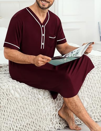 Image of SWOMOG Mens Nightgown Short Sleeve Lounge, Sleep Henley Shirt Pajama Big & Tall Nightshirt Comfy Nightwear M-3XL