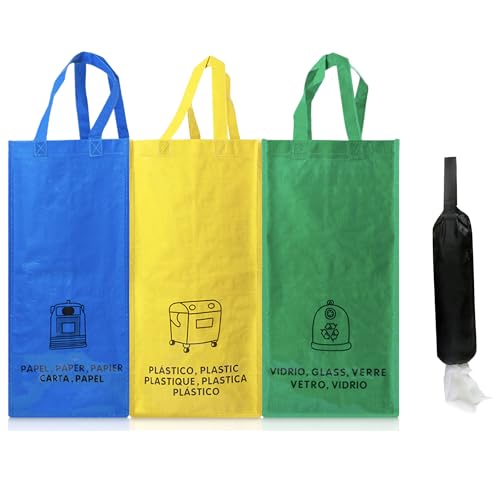 Kalendia Cubos Reciclaje Compactos Y Económicos - Incluye Bolsa Para Almacenar Bolsas De Plástico - Ideal Papelera Reciclaje 3 Compartimentos, Bolsas Reciclaje Para Espacios Pequeños