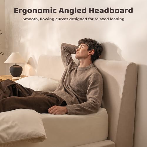 Image of RECCI AirFrame Full Size Bed Frame with Ergonomic Angled Foam Cushioned Headboard, Minimalist Design Platform Bed Frame, No Box Spring Needed, Easy Assembly (Beige Chenille)