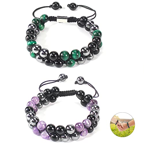 YIDANHONG Triple Protection Bracelet, 2PCS Tigers Eye Hematite Black Agate Amethyst Spiritual Healing Crystal Couple Beads Bracelet, 8mm Adjustable Stretch Bracelets Bring Prosperity Luck and Health