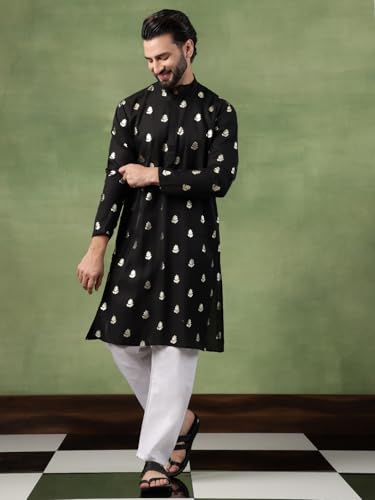 Image of SOJANYA (Since 1958 Men's Cotton Long Kurta with Golden Floral Motif Print