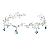 Silver Fairy Crown Tiara with Blue Rhinestone, Circlet Leaves Headpiece for Wedding Cosplay Prom, Water Elf Pixie Witch Angel Mermaid Fairy Accessories Costume for Women Girls