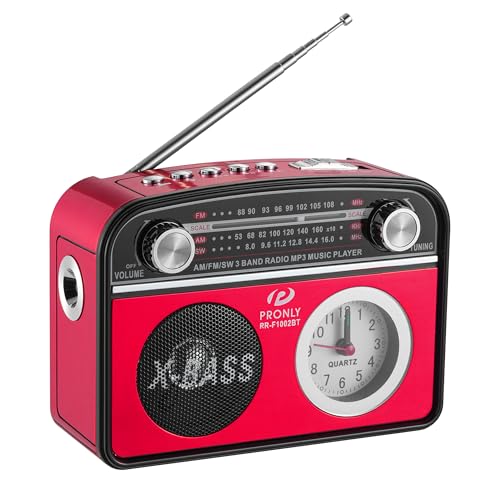 PRONLY Radio Portable AM/FM avec Bluetooth, Vintage Radio Portables Rechargeable D’Urgence avec Horloge et Lampe Torche, Lecture USB/TF, pour Le Camping et...