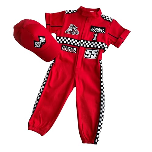 Deguisement Enfant Pilote de Course Fait Main pour Tout-petits - Costume Halloween, Tenue de Course pour Garçons, Combinaison Pilote avec Casquette pour Enfants, Bébé (12-18 mois, Manches courtes)