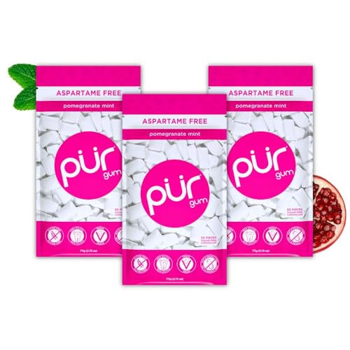 Image of PUR Gum | Aspartame Free Chewing Gum | 100% Xylitol | Natural Pomegranate Mint Flavored Gum, 55 Pieces (Pack of 3)