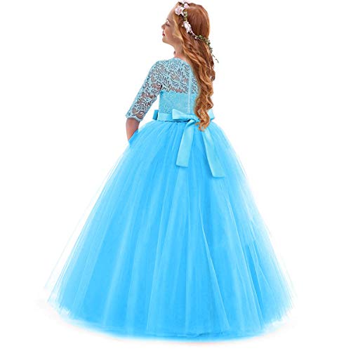 Image of Girls Flower Vintage Floral Lace 3 /4 Sleeves Floor Length Dress Wedding Party Evening Formal Pegeant Dance Gown