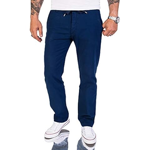 Rock Creek Herren Leinen-Optik Hose Stoffhose Sommerhose Regular Fit Chino Hosen Männer Hose Gummizug Herrenhosen Lang Strandhose RC-2152 Navy W38 L32 Cover