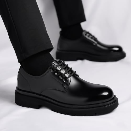 Image of Men's Vintage Leather Lace Up Platform Oxfords Shoes Black Round Toe Soft Rubber Sole Non-Slip Waterproof Business Formal Derby Dress Shoes