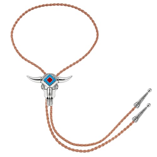 Image of GelConnie Longhorn Bull Bolo Tie for Men Native American Western Cowboy Leather Necktie Bolo Necklace for Women Gold Texas