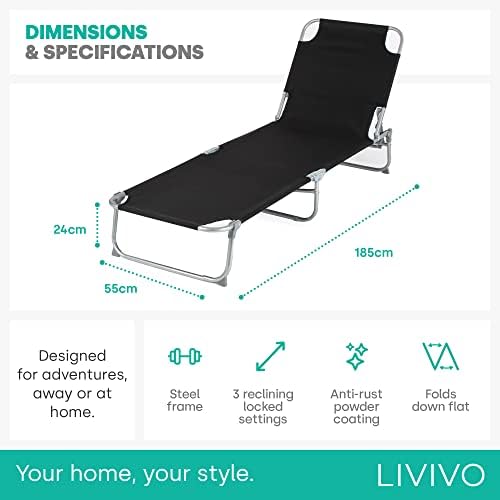LIVIVO Foldable Sun Lounger with Adjustable Back and Leg Rests  Relax in Comfort and Style  Folding Lightweight Frame (Black)