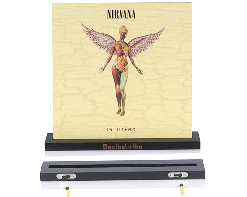 Decibelvibe Estante para discos de vinilo de madera, soporte para jugar ahora, montaje en pared, para mostrar tu disco de vinilo favorito, pantalla de vinilo individual y doble (negro)