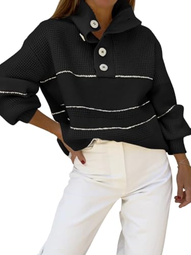 Image of utcoco Womens 2025 Waffle Knit Sweater Striped Knit Tops Polo Collared Long Sleeve Pullover Sweaters