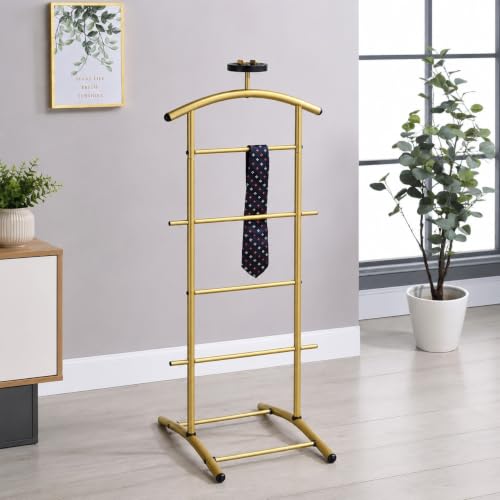 Image of Kings Brand Freestanding Metal Suit Valet Stand with Tie Bar, Gold | Complete Clothing Organizer with Hanger, Trouser Bar & Shelf Keeps Jackets, Pants, Ties, Belts & Accessories Organized