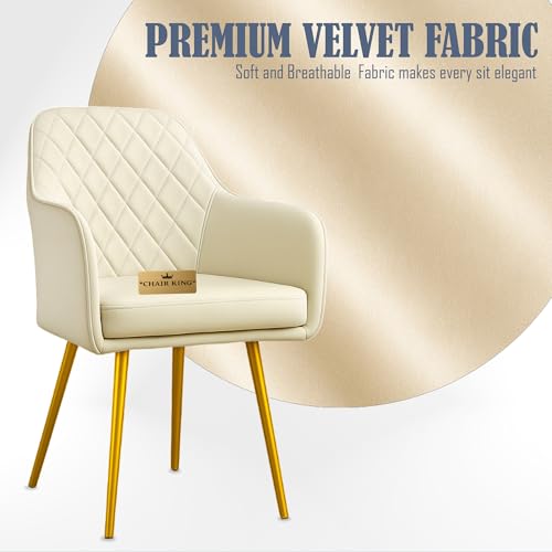 Image of Barfi Velvet Dining Chair | Set of 2 Premium Modern Upholstered Accent Chair with Armrest, Padded Seat and Metal Legs | Comfy Chair for Home, Office & Restaurents | (Off White with Puffy)