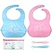 Baberos Bebe Impermeables, Rluobo 2 Pcs Baberos Silicona con Bolsillo + 2 Pcs Cucharas Siliconas Bebé, Babero de Bebé del Silicona con 6 Botones Ajustables, Limpia Fácilmente