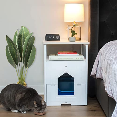 Palram Pets Max Cat Litter Box Nightstand Enclosure, Tall Litter Box Hidden Cabinet, Washroom Cat Box Furniture Cover for Small Medium Cats (White)
