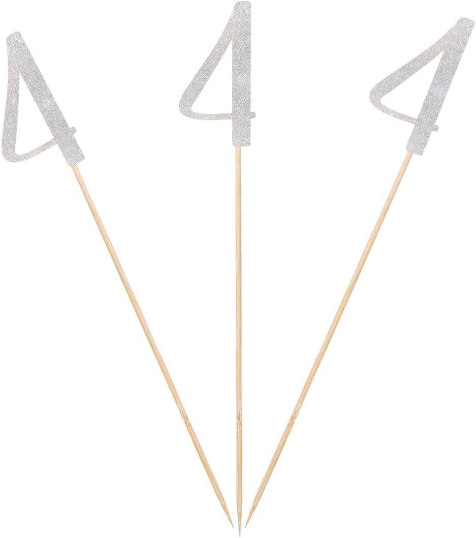 Silver Glitter 4th Birthday Centerpiece Sticks, 12-Pack Number 4 Table Topper Anniversary Party Decorations