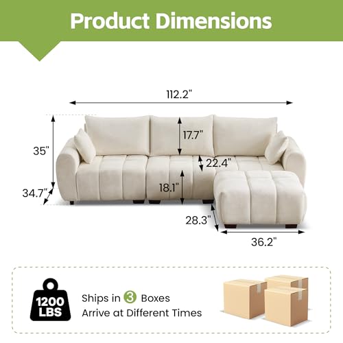 Image of 112 inch Cloud Modular L-Shaped Chenille Beige Sectional Sofa | 4 Seat Tufted Oversized Couch with Wood Legs & Movable Ottoman for Apartment Living Room