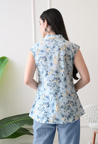 Image of Rimika's Pure Cotton Sky Blue Floral Regular Fit Sleeveless Top with Collar, Perfect for Casual, Comfort, Daily, Formal and Ethnic Wear