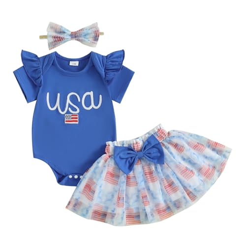 JLKGICF 4th of July Baby Girl Outfits Infant Usa Bubble Romper Flag&Bow Print Tulle Tutu Skirt My First Fourth of July Outfit (Blue, 0-3 Months)