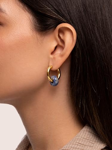 Miniatura 2 de SINGULARU - Pendientes Aro Carmen True Marine. Acero con Acabado en Baño Oro de 18Kt y Piedras Naturales. Cierre Congo/Click. Joyas para Mujer