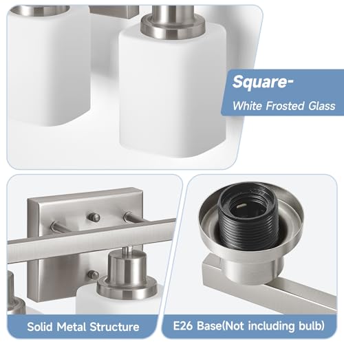 Image of 3-Light Bathroom Vanity Light,Brushed Nickel Vanity Lights with Square Frosted Glass,Modern Bathroom Wall Lights Fixtures Over Mirror,Wall Sconces Lighting for Bedroom Living Room,E26