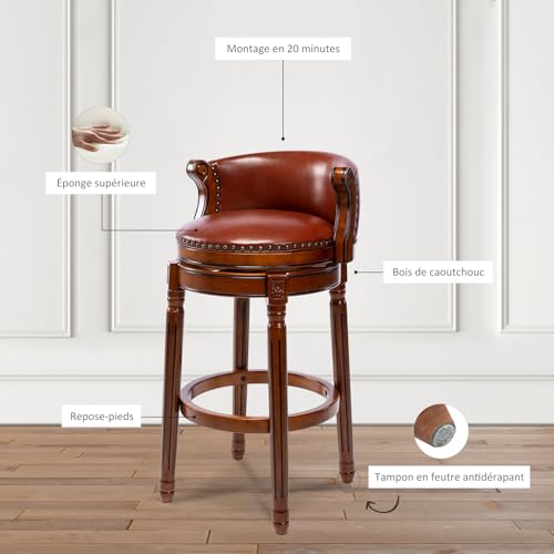 Image of Cow top Leather Wooden Bar Stools, 29.5 inch Bar Height Bar Chair with Back, 180 Degrees Swivel Barstools Chair for Home Kitchen Counter,Dining Room (Brown 1pc, Counter Height-Seat Height 26 inch)