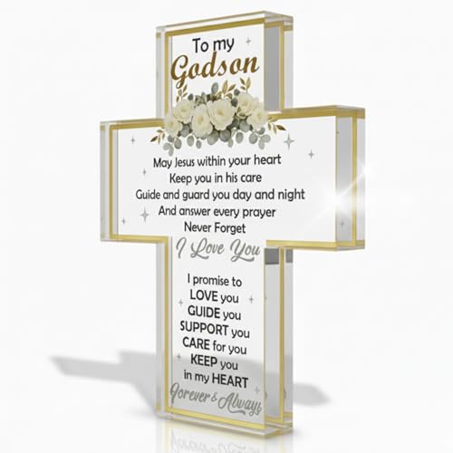 Godson Gifts from Godmother Godfather Godson Cross Christmas Gift Christian Gifts for Baptism Birthday Xmas Inspirational Acrylic Sign Decor for Desk Shelf Home Office Religious Keepsake Decoration for Boys