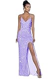 YMSHA Women's Spaghetti Strap V Neck Prom Dress with Slit Long Sequin Tight Sparkle Prom Party Gowns 2023 Lilac 2