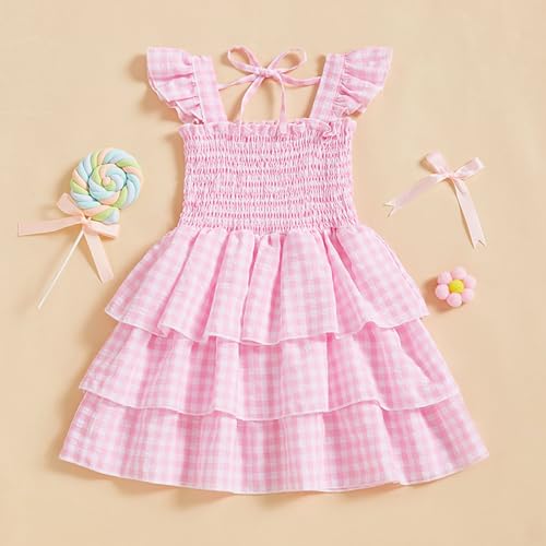Girls Ruffle Layered Plaid Dress Summer Short Sleeve Smocked Flowy Beach Dresses Square Neck Swing Sundress4