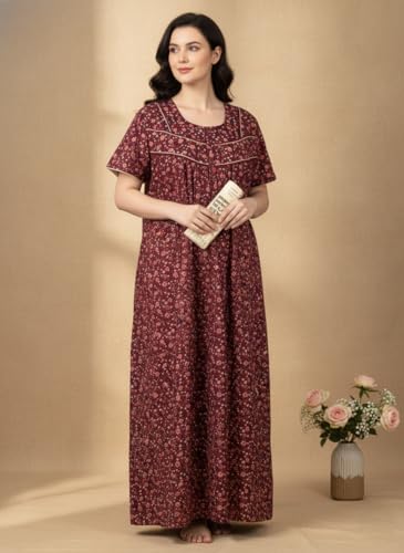 Image of Bahumaan Cotton Nighty for Women Full Length Stylish | Floral Print Pure Cotton Maxi Dress for Women with Pocket | Sleepwear Gown for Women
