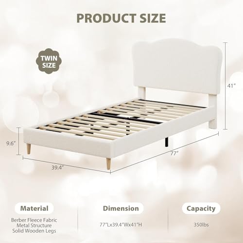 Image of GarveeHome Upholstered Twin Size Bed Frame for Kids with Scallop Headboard, Cute Velvet Twin Bed for Girls, Boys, Sturdy Platform Bed, No Box Spring Needed, Wooden Slats, Noise Free, Beige