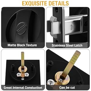 Matte Black Pocket Door Lock Zinc Alloy Pocket Door Latch, Double-Sided Sliding Door Handle Invisible Keyless Flush Pocket Door Hardware for Privacy Sliding Door, 2-3/8" Backset (Square)