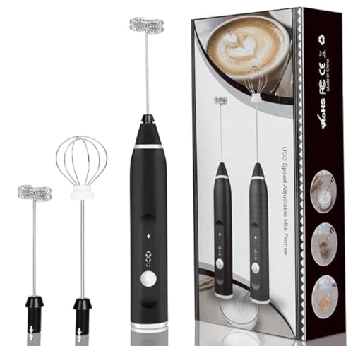 Image of Electric Milk Frother with 2 Attachments (Double-Layer Frother & Egg Whisk), 3-Speed Adjustable, Rechargeable Handheld Coffee Mixer for Latte, Cappuccino, Drinks & Eggs - Stainless Steel