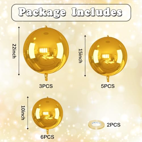 Image of 14 Pcs Gold Round Foil Balloons 22 /15 /10 4D Ball Balloons Metallic Golden Balloon Ornament Mylar Balloon Chrome for Graduation Birthday Wedding Anniversary New Year Disco Party Decorations
