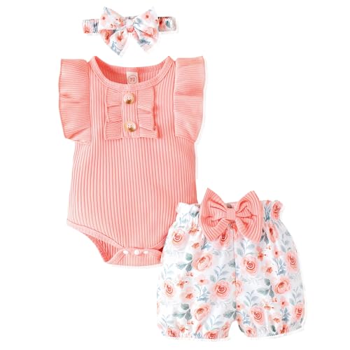 Image of LUNFEGO Newborn Baby Girl Clothes Outfits Ruffle Romper and Short Pant Sets with Headband Infant Bodysuits