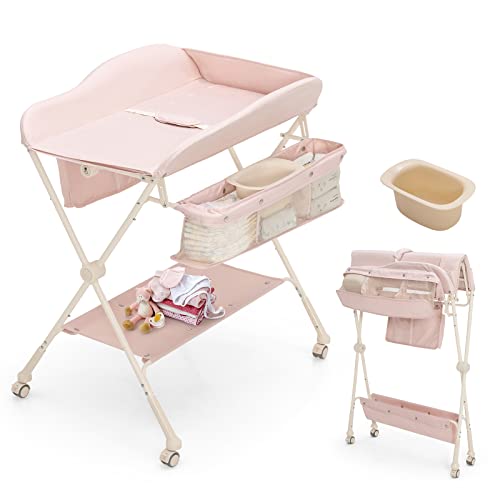 Klappbarer Wickeltisch Mit Rollen - Mobile Wickelstation Mit Sicherheitsgurt Und Aufbewahrung