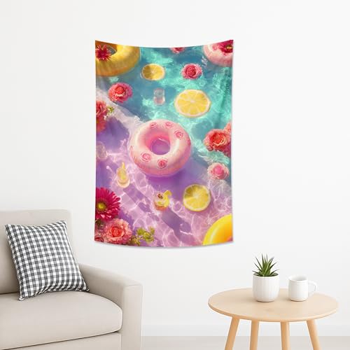 Tapiz de fiesta de verano en la piscina, flotadores coloridos de melocotón con cítricos y flores, colgante de pared bohemio decorativo para sala de estar, dormitorio, playa, decoración relajante del