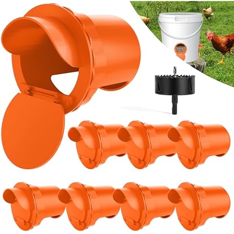 Chicken Feeder Ports, Poultry No Waste Ports Kit with Stopper 8 Ports 1 Hole Saw, DIY Automatic Reusable Coop Feeders Rain Proof Gravity Feeding Geese Duck Hens Rooster for Bucket Barrel Bin (Orange) Cover