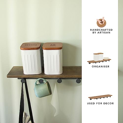 Image of Ellementry Aaron Wooden Wall Shelf with 5 Hooks | Home Decor Items | Wall Mounted Book Shelf| Shelves for Living Room /Kitchen /Bedroom Decoration | Floating Wall Shelves | Hanging Wall Mount Display